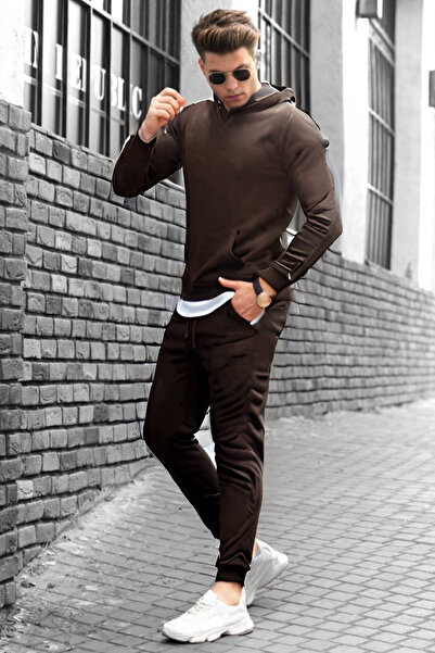 CMZ COLLECTİON Ανδρικό σετ φόρμας με χοντρή κουκούλα και τσέπη καγκουρό, 3 κλ...