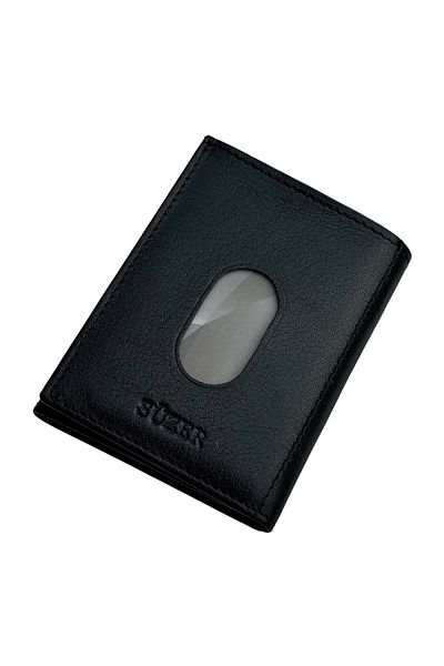 Süzer Deri Black Genuine Leather 3 Fold Snap Closure Men's Credit Card Holder Mini Wallet