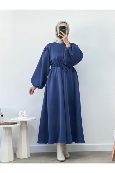 CHUL SCUBA KEMERLİ SÜMBÜL ELBİSE -İNDİGO- GENİŞ BEDEN ARALIĞI