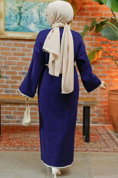 Neva Style Navy Blue Hijab Knitwear Belt Dress - 34201L