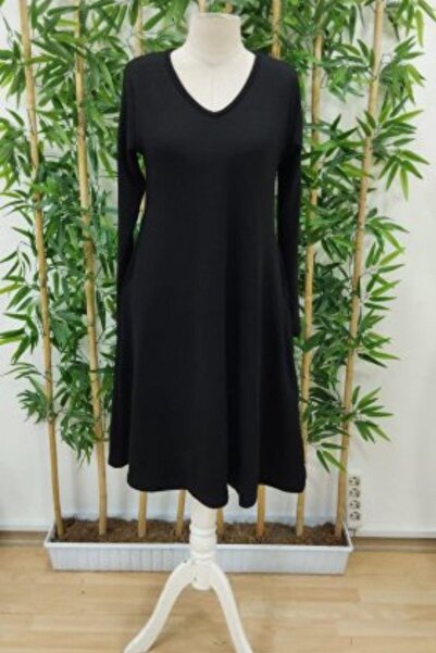 Mossta Μαύρο Midi Viscose φόρεμα - V-λαιμόκοψη, χαλαρό, δύο κλωστές