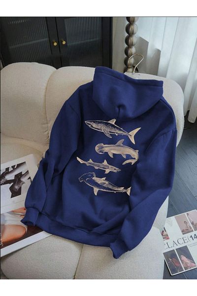 Derays Унисекс дамски/мъжки цветен суитшърт с качулка SHARK със специален щампа