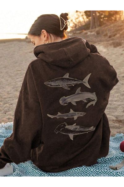 Derays Унисекс дамски/мъжки цветен суитшърт с качулка SHARK със специален щампа