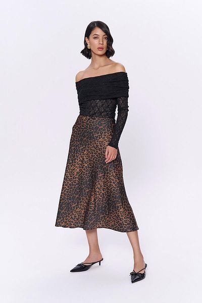 Quzu Satin Midi Skirt with Leopard Print