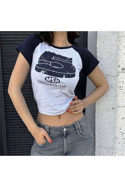 Karakedi Navy Blue Retro 5 Printed Short Sleeve Crop