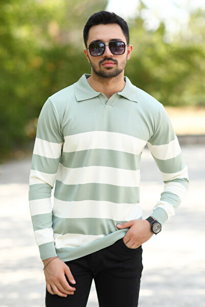 JB John Borners Hanorac pentru bărbați cu gât polo Tricotaj cu dungi verde-al...