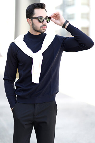 JB John Borners Men's Half Turtleneck Sweater Navy Blue Rice Knit 100% Micro ...