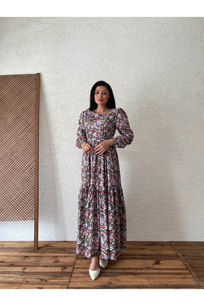 KÜÇÜĞÜM BUTİK Lilac Hijab - Multi Floral Patterned Layered Dress