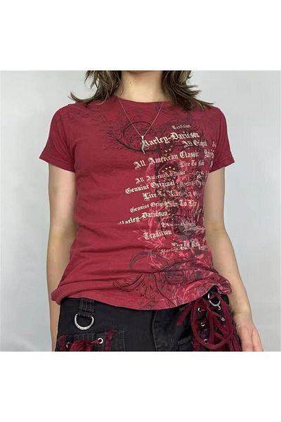 Karakedi Red Skull Life Cyber Gothic Grunge Y2K Short Sleeve Crop