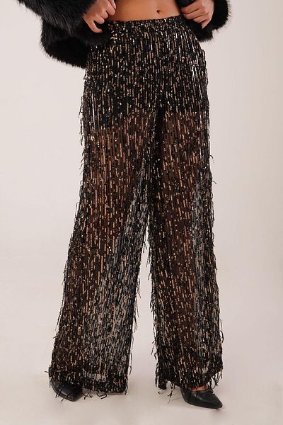 Hipo Trend Fringed Sequin Embroidered Sheer Gold Trousers