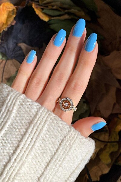 Spossy Silver Jewelry 925 Ayar Gümüş, Gold, Beyaz Taşlı Sekizgen Yüzük