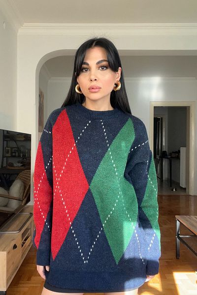 Seda Yalçın Atelier Navy Blue Diamond Patterned Collared Sweater