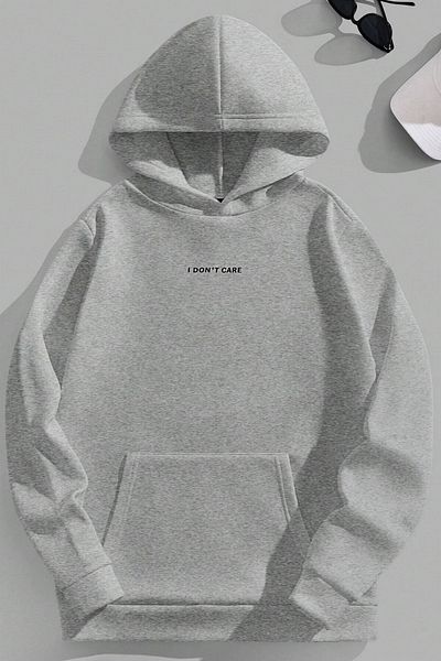 Know Γκρι φούτερ Unisex Oversize - 3 κλωστές, I Dont Care Printed, Hoodie με κουκούλα