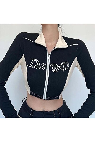 Karakedi I Am Bad Zippered Black Long Sleeve Crop with White Stripes