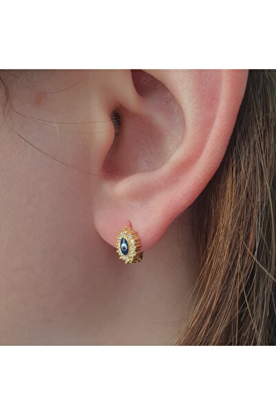 MAGRİB 22 ayar altın kaplama göz nazar boncuklu beyaz taşlı gümüş çocuk küpesi