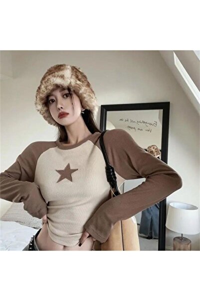 Karakedi Μπεζ Star Raglan Καφέ μακρυμάνικο Crop
