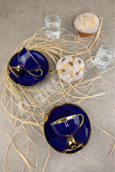Digithome Porcelain Gilded Coffee Cup Set for 2 People Navy Blue - Ist-63 C320.049