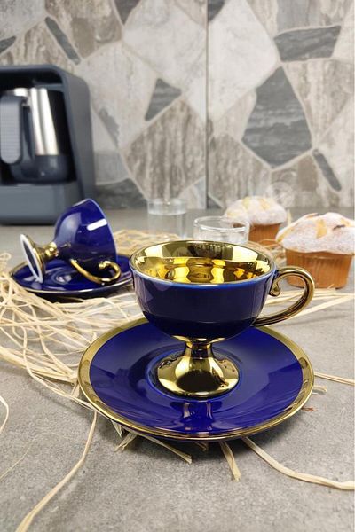 Digithome Porcelain Gilded Coffee Cup Set for 2 People Navy Blue - Ist-63 C320.049