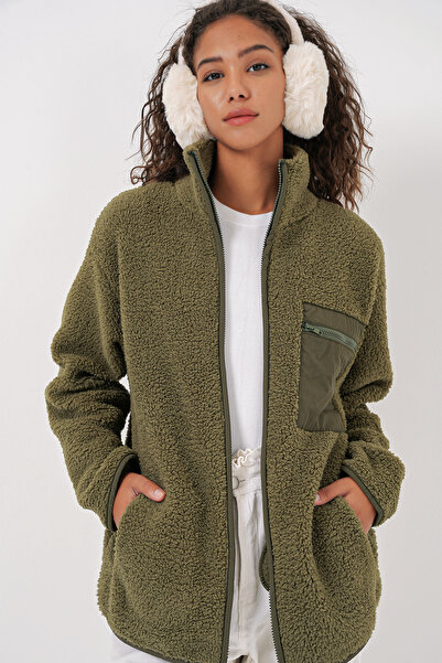 Bigdart 55455 Γυναικείο βελούδινο μπουφάν Oversize με φερμουάρ - Χακί