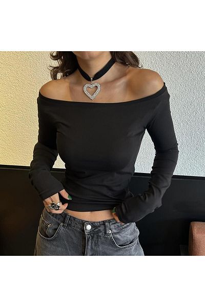Karakedi Bluză crop cu mânecă lungă cu guler Madonna neagră