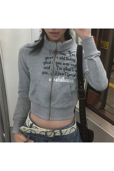 Karakedi Gray Melange High Neck Articles Y2K Crop Cardigan