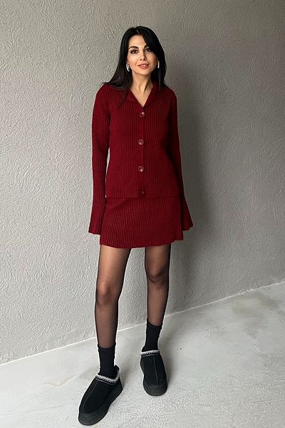 Seda Yalçın Atelier Burgundy Spanish Sleeve Cardigan and Skirt Knitwear Set