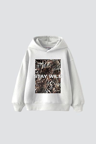 Sekizbiraltı Stay Wild Leopard Printed Oversize Unisex Premium White Hoodie