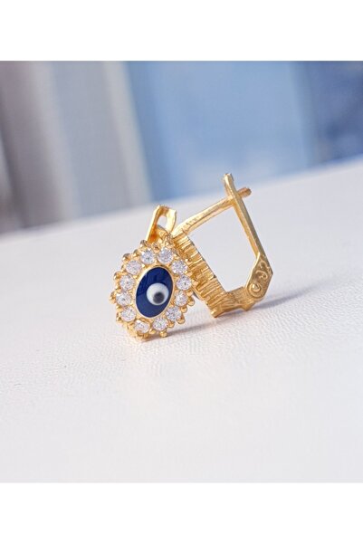 MAGRİB 22 ayar altın kaplama göz nazar boncuklu beyaz taşlı gümüş çocuk küpesi