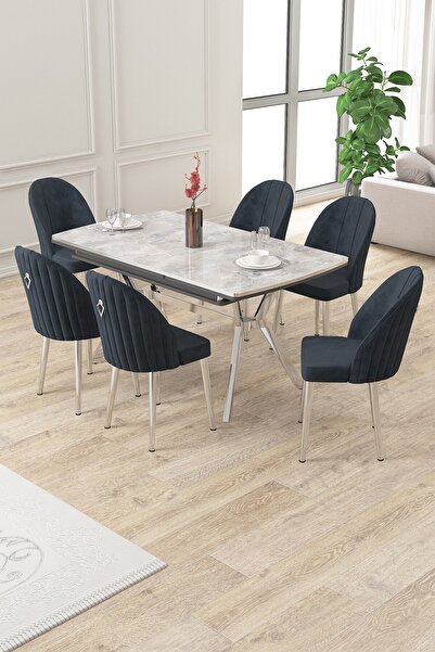 Canisa 89x150 Açılabilir Lak Panel Rampla Gri Krom Ayak Masa Takımı Ve 6 Antr...