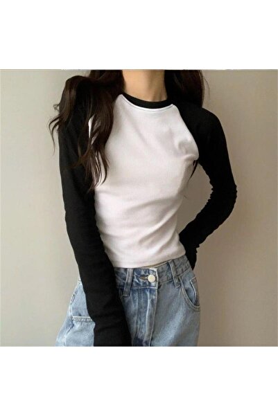 Karakedi Siyah Raglan Kollu Beyaz Basic Uzun Kollu Crop