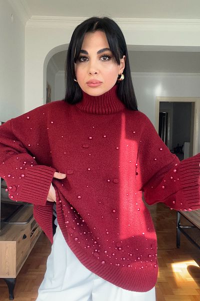 Seda Yalçın Atelier Burgundy Pearl Detailed Half Fisherman Knitwear Sweater