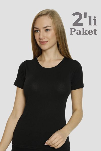 Arma Yıldız Black 2-Piece Women's T-Shirt Lycra Short Sleeve Crew Neck Undershirt