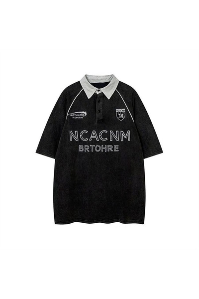 Karakedi Gray Buttoned Collar NCACNM Unisex Washed Fabric T-Shirt