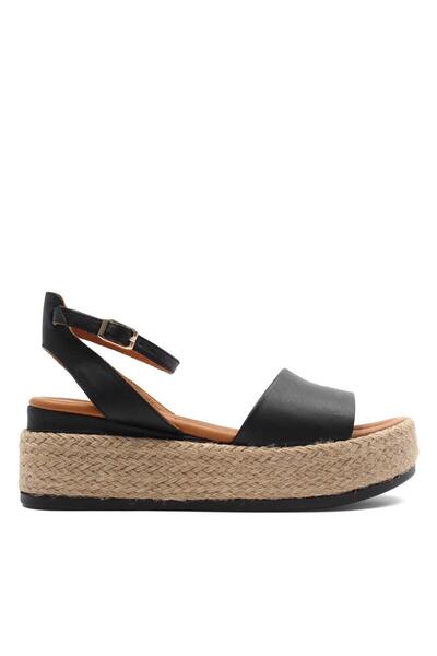 Celal Gültekin Kadın Siyah Hasır Tabanlı Deri Sandalet