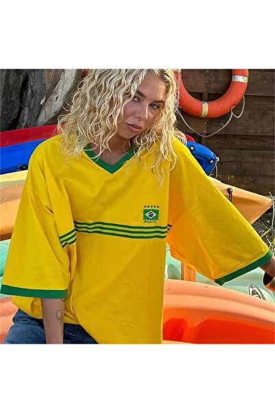 Karakedi Κίτρινο Vintage ριγέ Brasil V-Neck Oversize Loose Fit Unisex T-shirt
