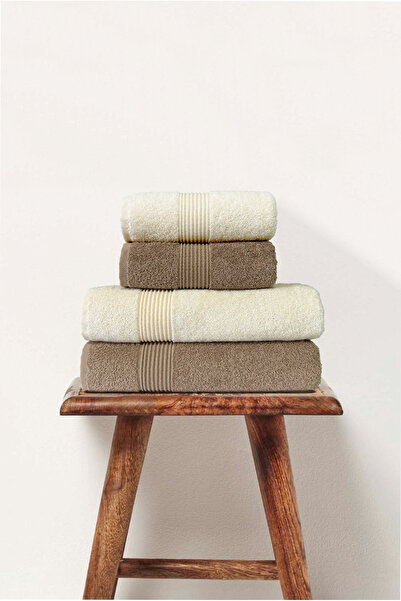 Ellaline Набір з 4 рушників для ванної кімнати, 100% бавовна, сертифікована, для тіла та голови | Весільний набір 50x90 - 70x140, кремово-коричневий