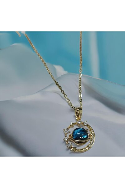 PEMPERİ Ay Yıldız Gezegen Satürn Kolye Altın Kaplama Kolye 316L Çelik Paslanmaz Gökyüzü Kolye