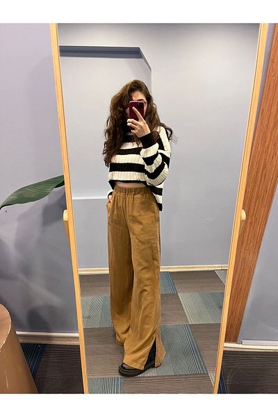 OUZ Fashion Women's Elastic Waist Slit Detailed Wide Leg Linen Trousers