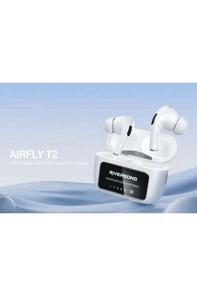 RİVERSONG سماعات أذن Airfly L1 اللاسلكية الحقيقية مع حافظة التحكم باللمس الذكية، شاشة ذكية، مقاومة للعرق، لون أبيض
