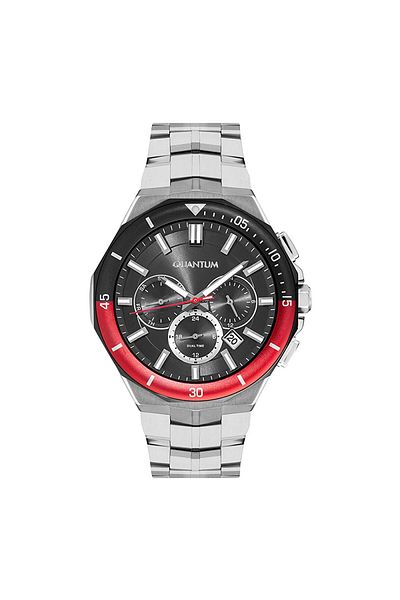 Quantum Sport Steel Function Men's Wristwatch and Gift Wallet - Genuine Leather Card Holder with Calendar