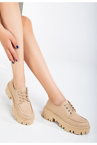 geeta Kadın Rahat Günlük Bağcıklı Cild Ayakkabı Bej