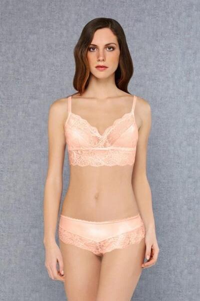 Doreanse Set de sutien și chiloți din dantelă pentru femei Salmon, fără căptușeală, 12432