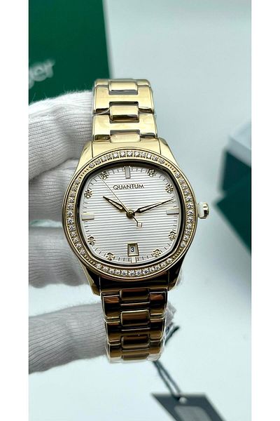 Quantum Stone Detailed Checkered Gold Color Women's Wrist Watch with Bracelet Gift