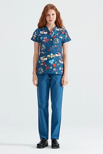 Moodamedikal İndigo Ambulans Desenli Likralı Kumaş Cerrahi Takım V Yaka Forma