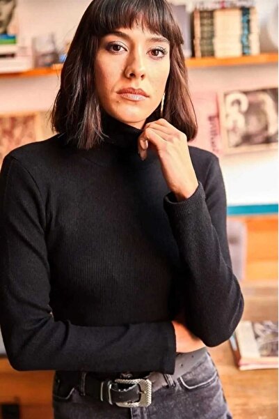 Mistanbul Women's Black Turtleneck Raised Camisole Sweater