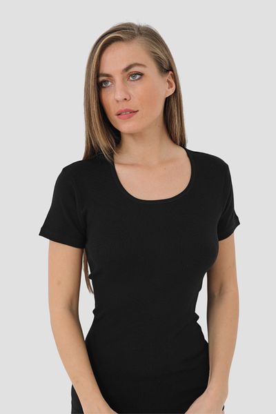 Arma Yıldız Women's Black T-shirt - Short Sleeve, 100% Cotton, Undershirt Rib