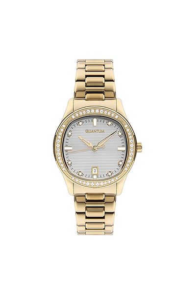 Quantum Stone Detailed Checkered Gold Color Women's Wrist Watch with Bracelet Gift