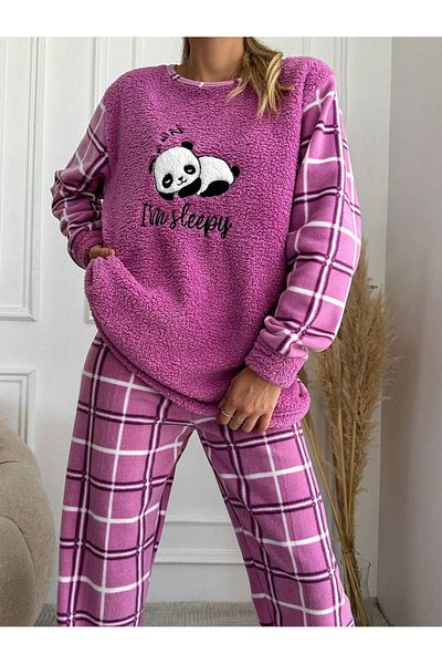 VG BOND MODA Panda Patterned Plaid Women's Fleece Pajamas Set Vg007