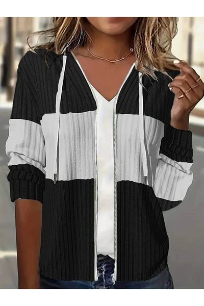Nest Eyesof Women's Long Sleeve Hooded Front Zipper Block Patterned Shardon Camisole Jacket