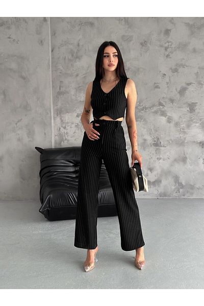 BlueTex Women's Black Palazzo Trousers Buttoned Short Crop Vest Double Striped Set